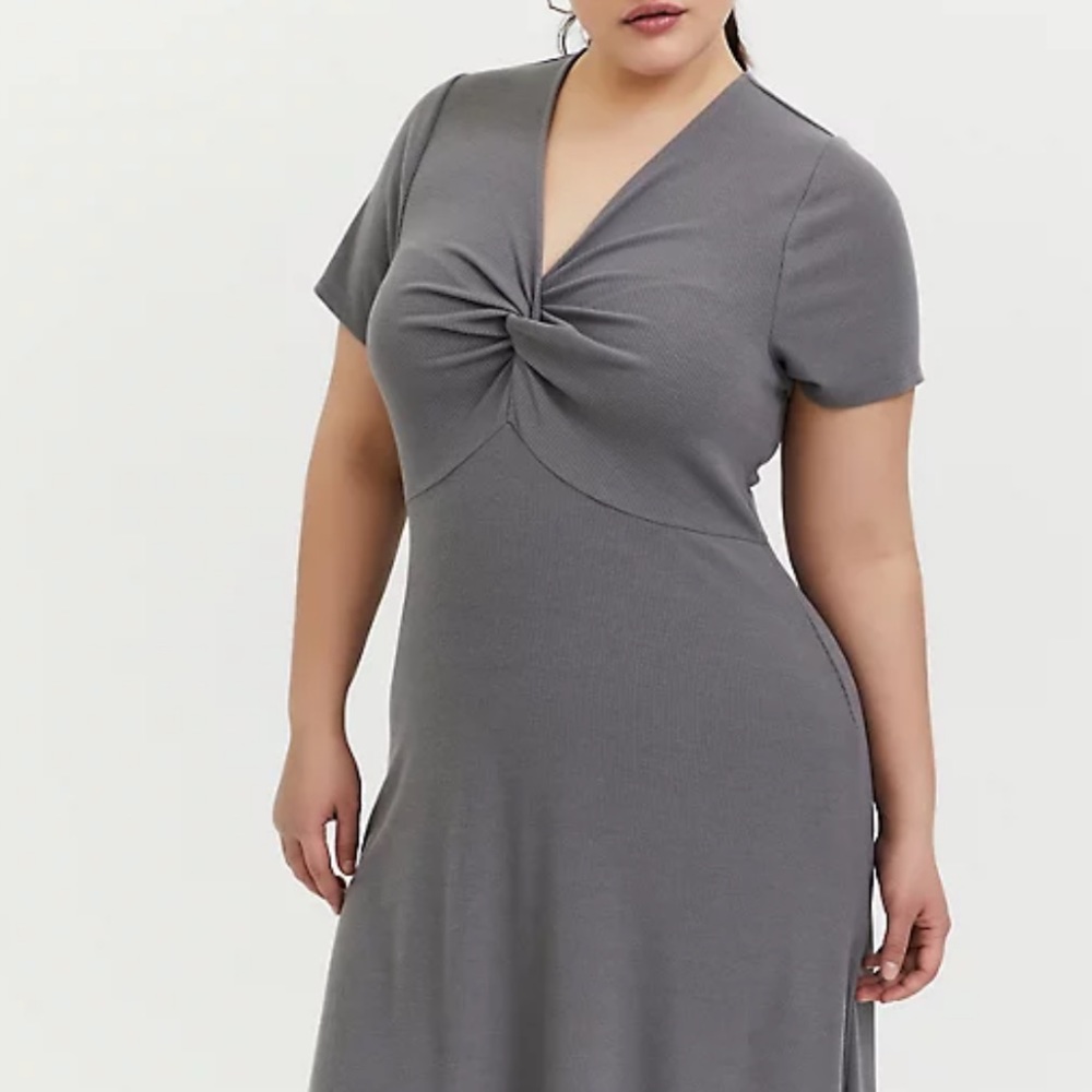 Grey Rib Twist Front Skater Dress